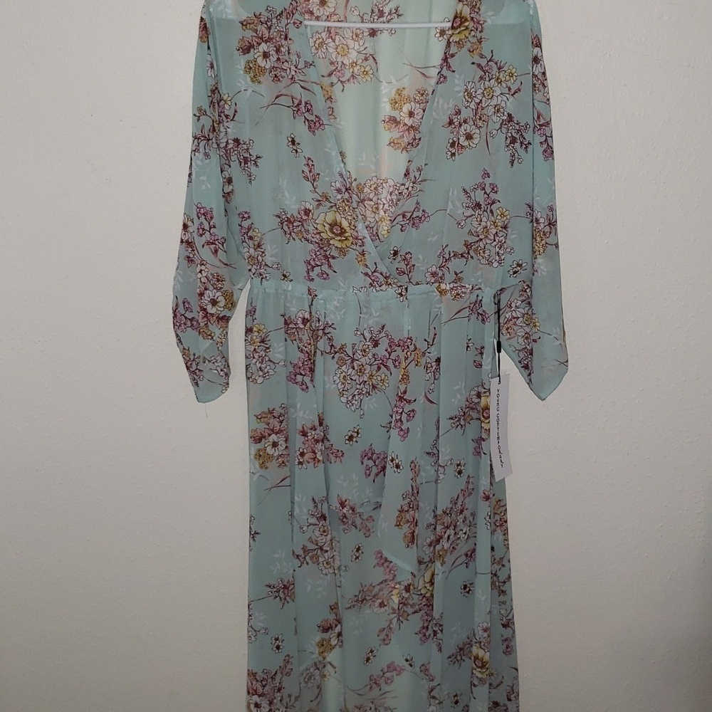L.I.F.E. Soft Jade Color Floral Kimono Duster Topper